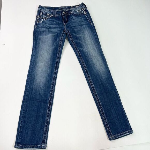 Miss Me Jeans Womens 28 Blue Dark Wash Skinny Studded Whiskering Denim - Picture 1 of 12